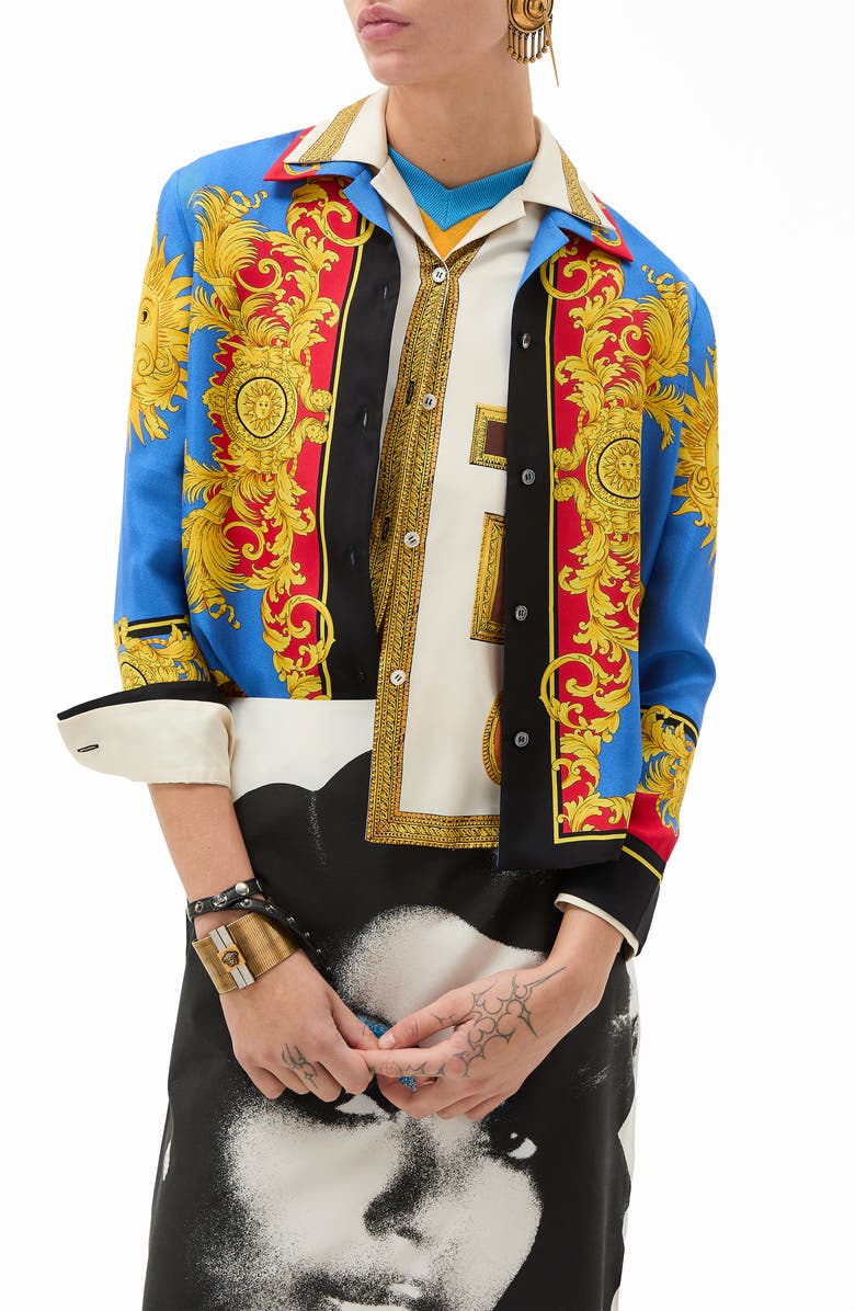 Versace Barocco Print Silk Twill Bowling Shirt, Main, color, Blue Gold