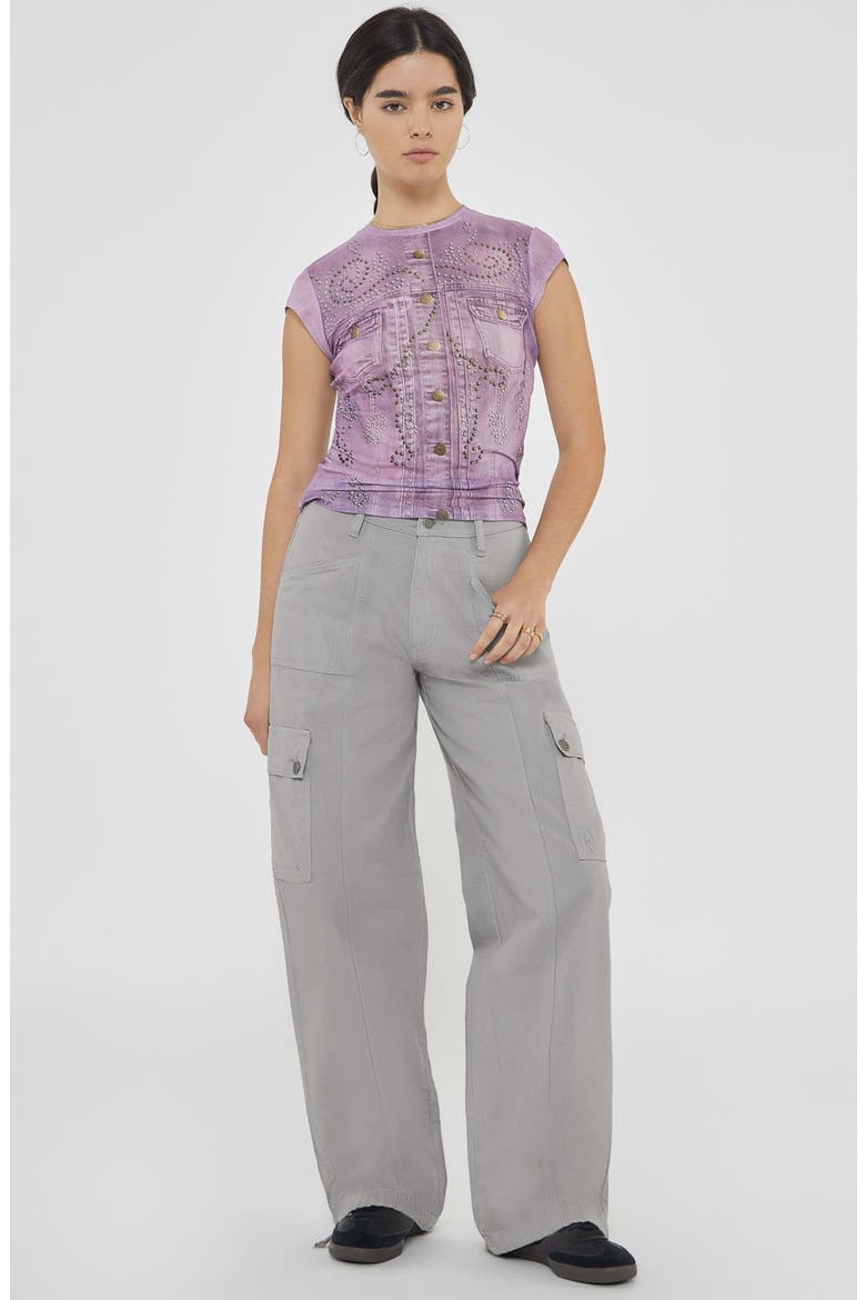 Studded Denim Trompe l'Oeil Mesh Graphic T-Shirt, Alternate, color, LUX ORCHID MULTI