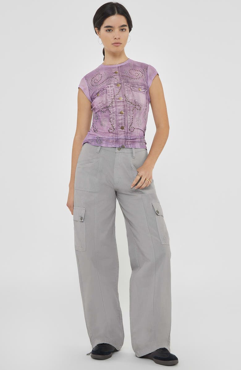 GUESS Studded Denim Trompe l'Oeil Mesh Graphic T-Shirt, Alternate, color, Lux Orchid Multi