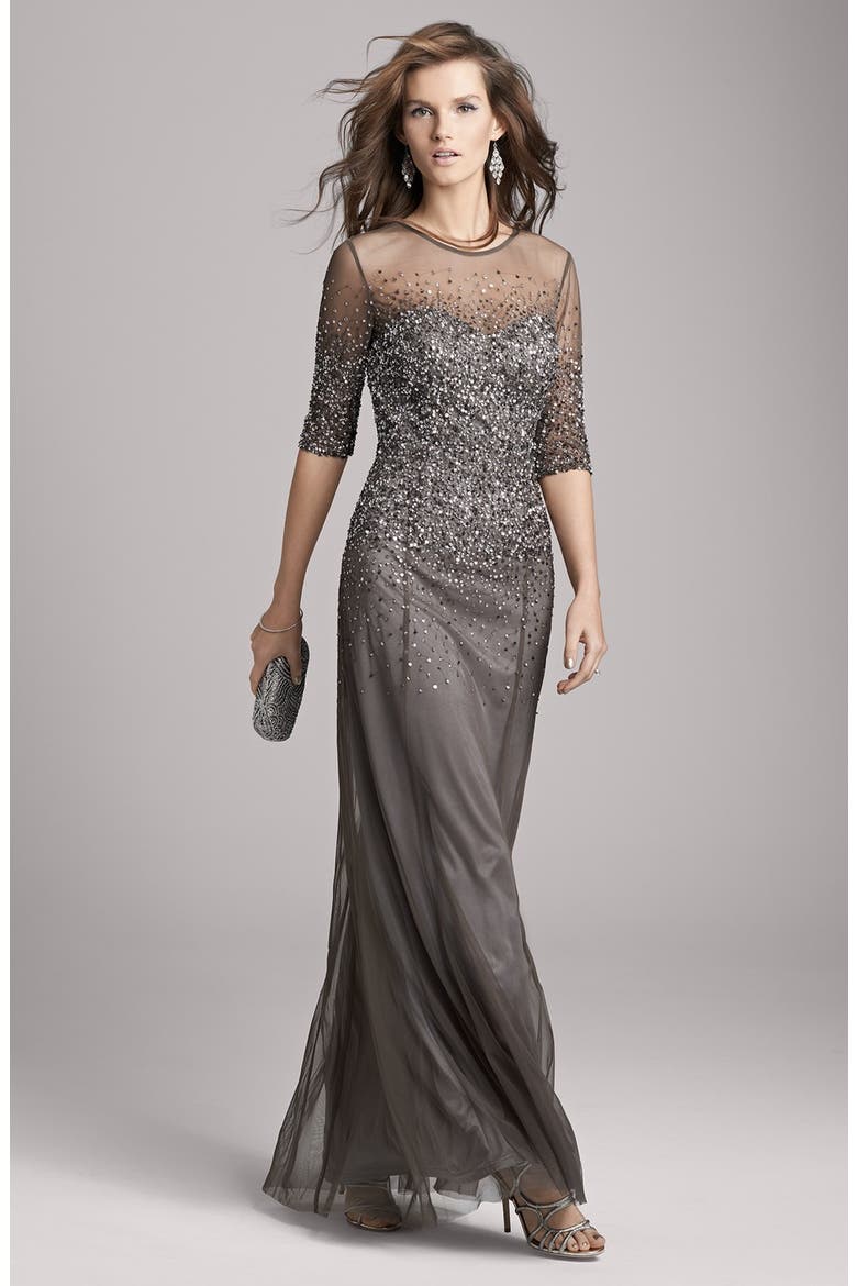 Beaded Illusion Bodice Mesh Gown, Alternate, color, LEAD