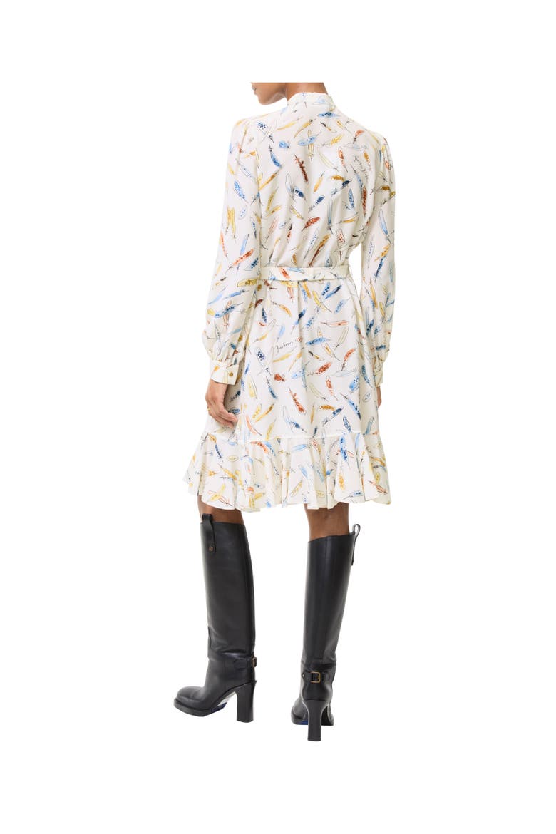 Ruffled Feather Print Silk Dress, Alternate, color, Ink blue