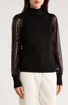 T Tahari Sequin Sleeve Mixed Media Sweater