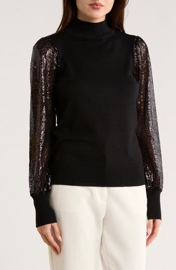 T Tahari Sequin Sleeve Mixed Media Sweater In Black
