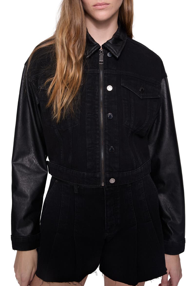 Poppy Crop Denim & Leather Jacket, Main, color, CARBON WASH