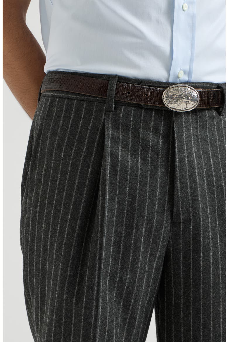 Virgin wool and cashmere chalk stripe flannel trousers with pleat, Alternate, color, Anthracite