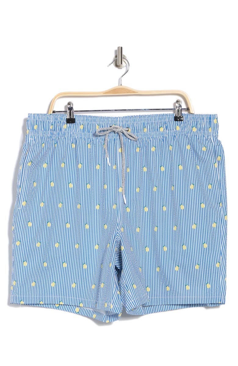 Rainforest Sunny Lemon Stripe Seersucker Swim Trunks, Main, color,