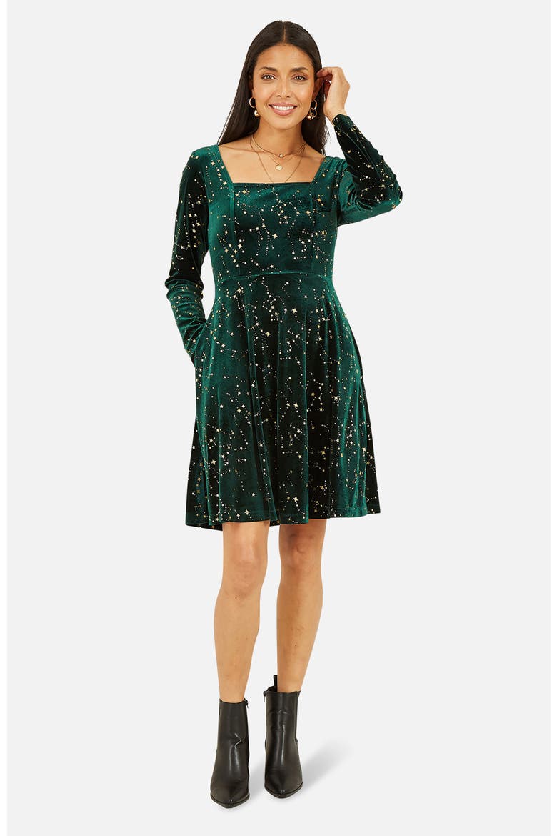 Star Foil Print Skater Dress, Main, color, Green