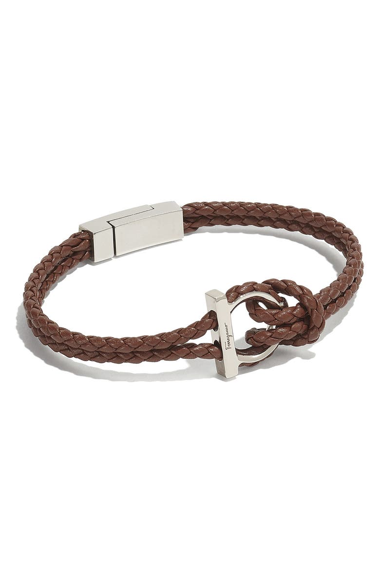 FERRAGAMO Men's Braided Leather Bracelet, Main, color, Brown
