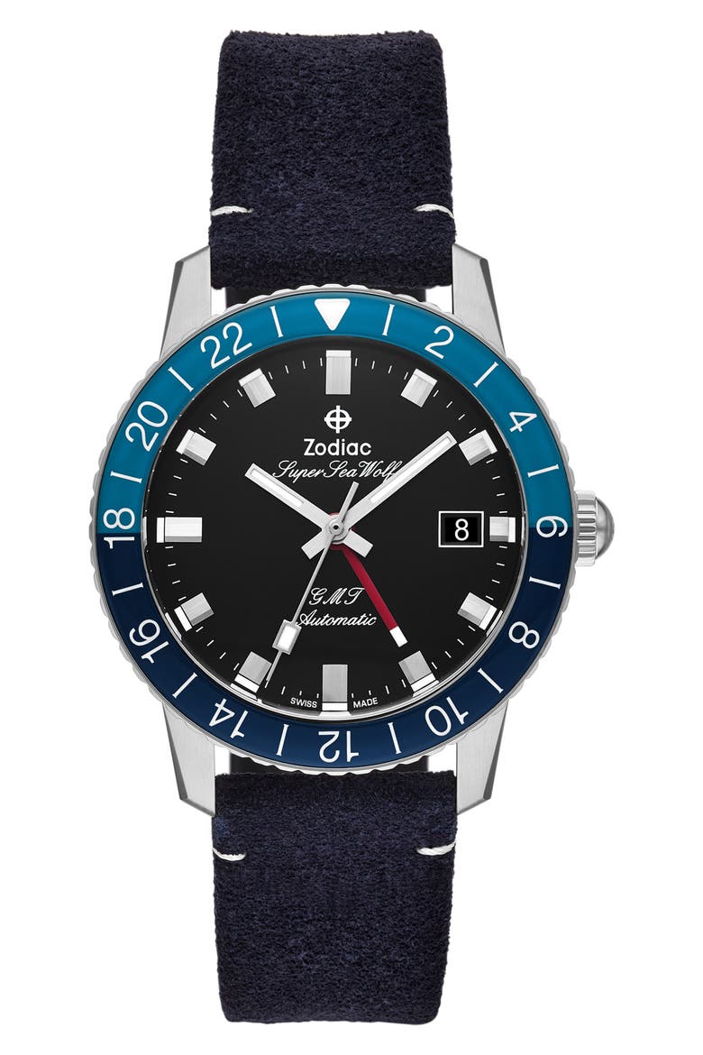 GMT Automatic Leather Strap Watch, 40mm, Main, color, BLUE