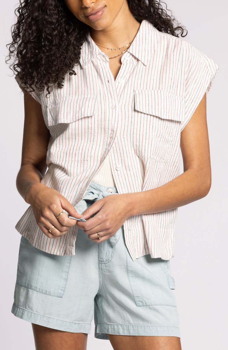 Thread & Supply Lydia Stripe Short Sleeve Linen Blend Button-Up Shirt, Main, color, Red Navy