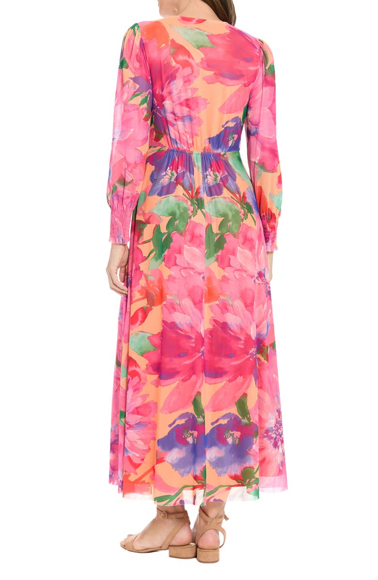 London Times Floral Long Sleeve Mesh Faux Wrap Maxi Dress, Alternate, color, Peach/ Hot Pink