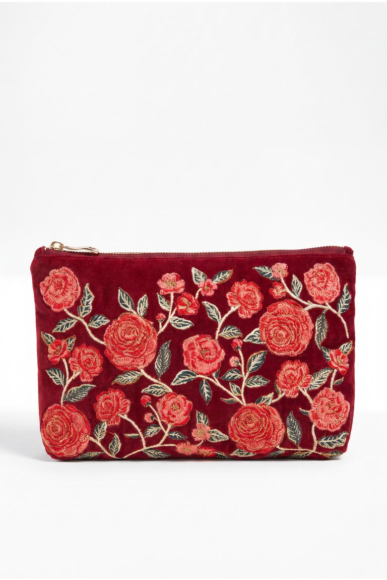 Camellia Romance Velvet Everyday Pouch, Main, color, Cranberry