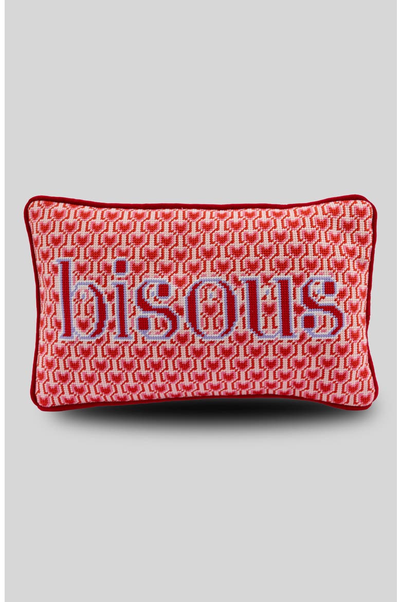 Bisous Needlepoint Pillow, Main, color, Bisous