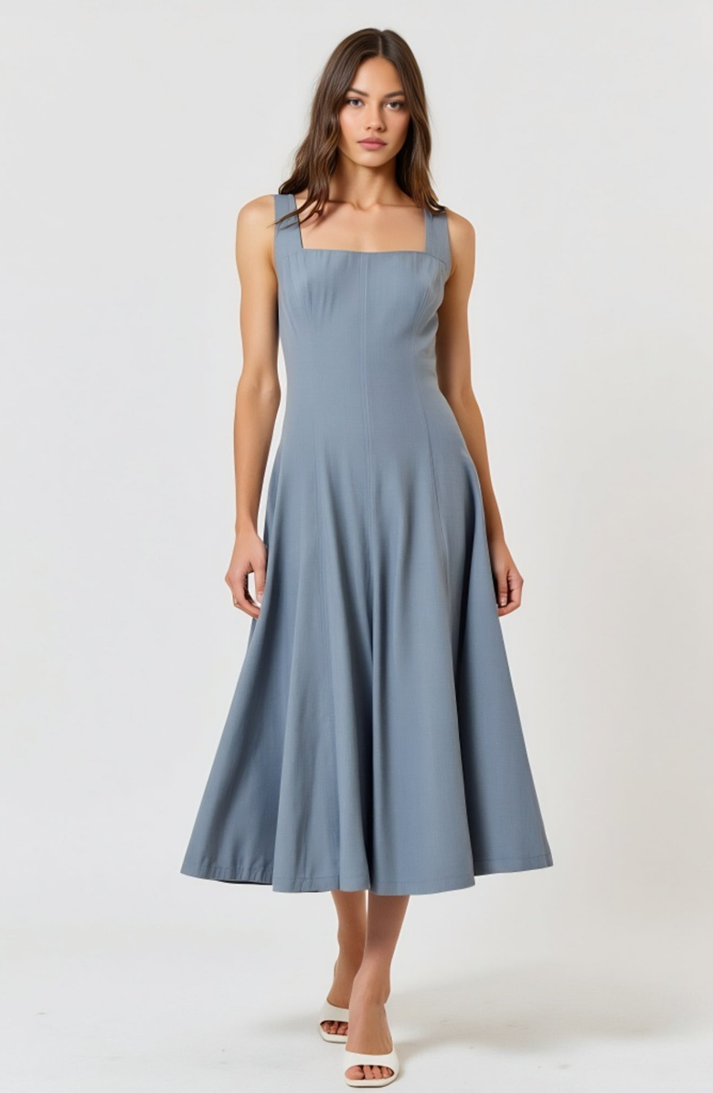 Modenaire Wide Strap Square Neck Midi Dress with Fit and Flare Silhouette, Alternate, color, Blue-Gray