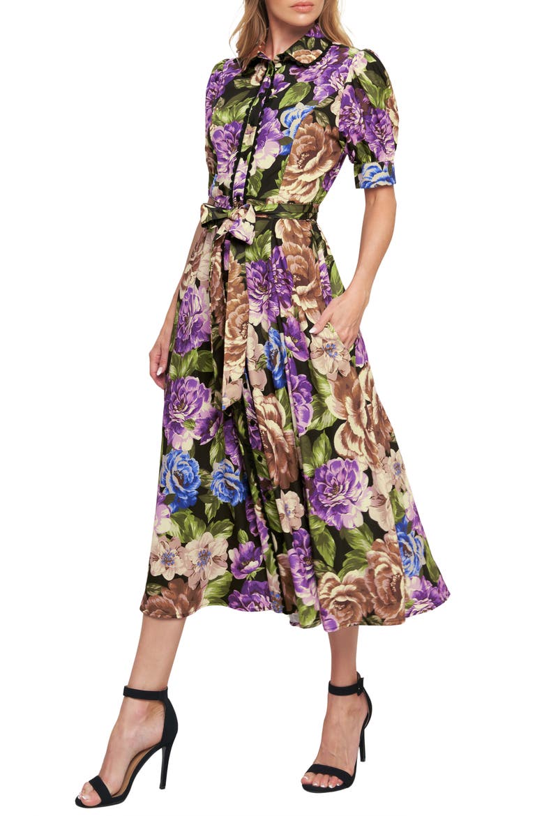 Floral Button Front Midi Dress, Alternate, color, BLACK