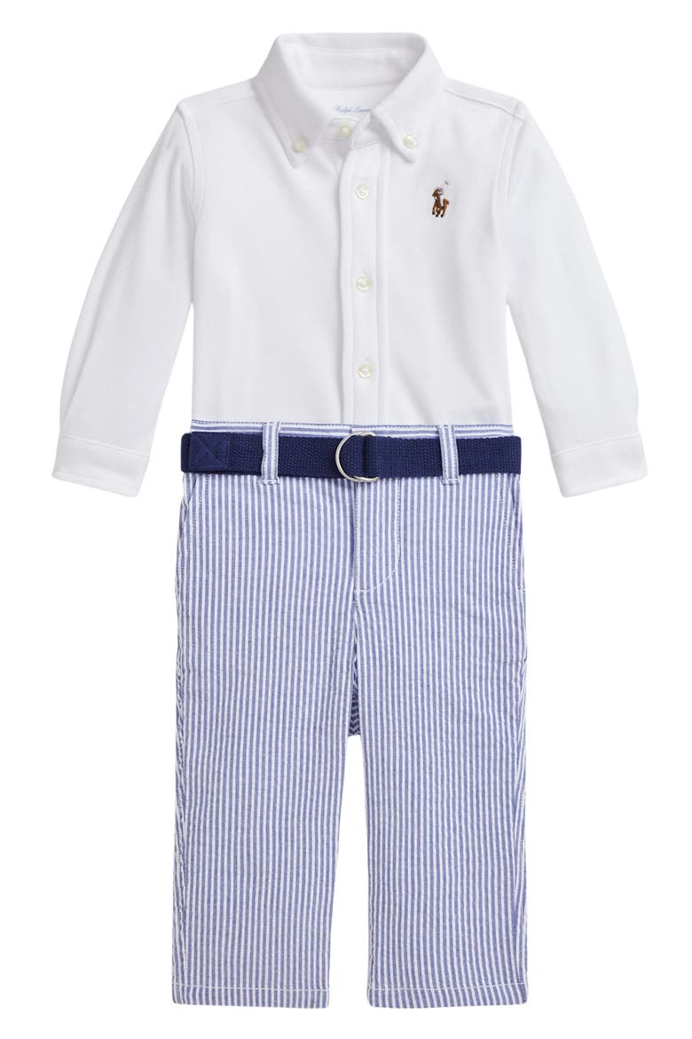 Cotton Button-Up Shirt, Stripe Pants & Belt Set, Main, color, WHITE