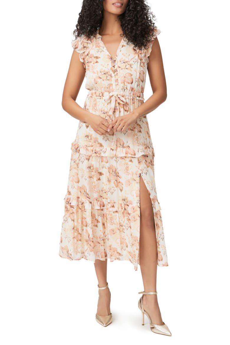 Rozlyn Floral Tiered Silk Midi Dress, Alternate, color, CREAM MULT