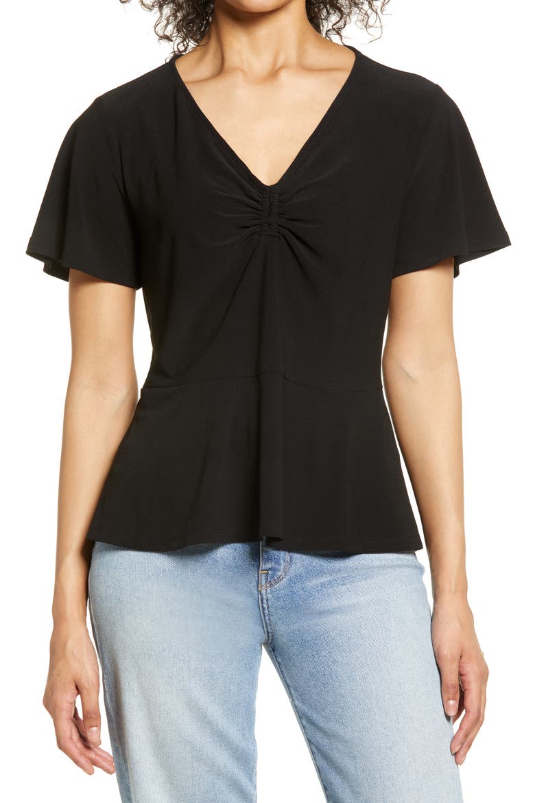 Cinch Front Peplum Top, Main, color, BLACK