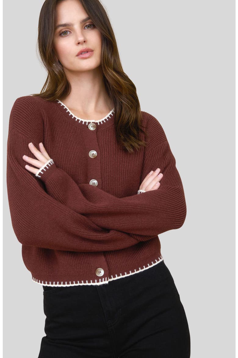 Contrast Stitch Button Front Cardigan, Alternate, color, CHOCOLATE