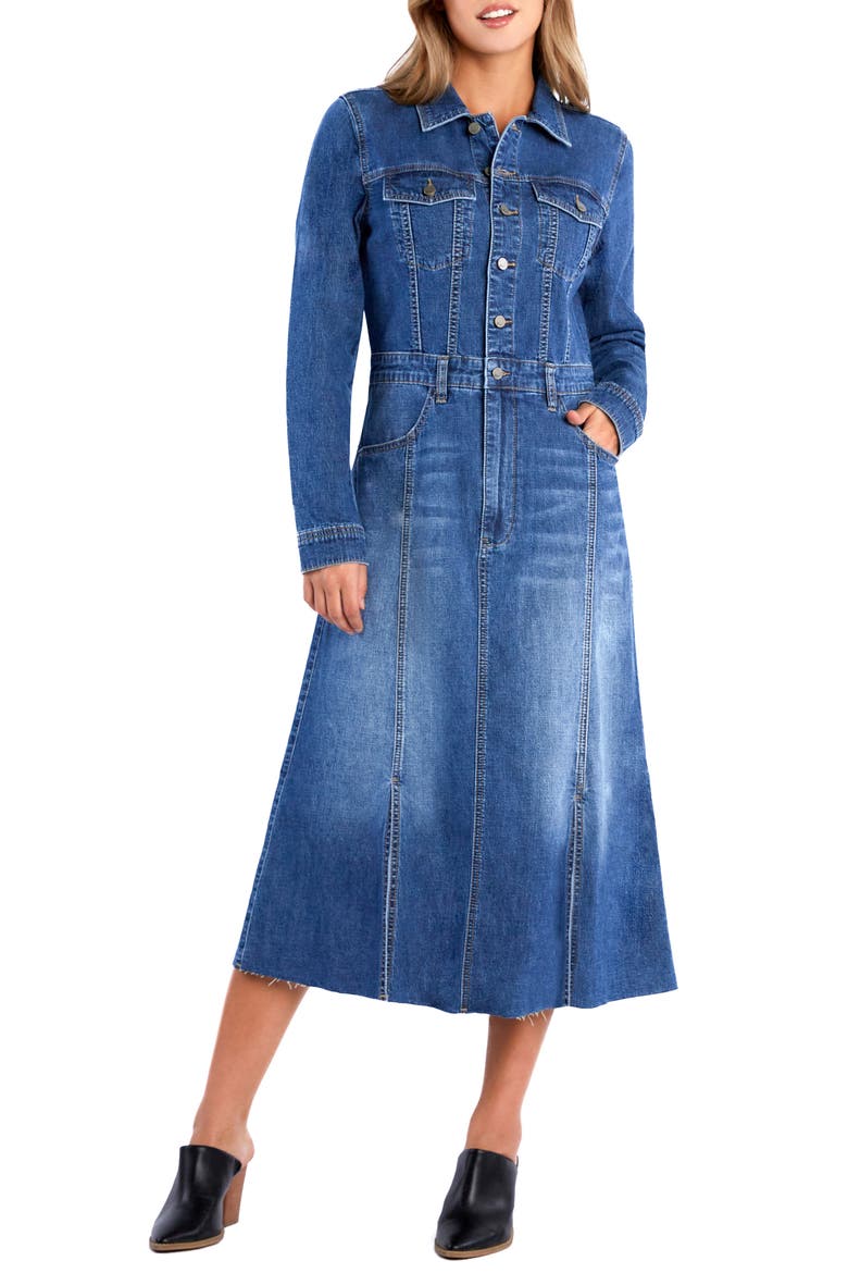 Sway Raw Hem Long Sleeve Denim Midi Shirtdress, Main, color, BARN BLUE