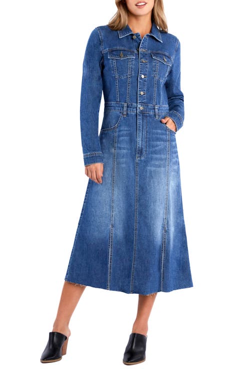 Sway Raw Hem Long Sleeve Denim Midi Shirtdress