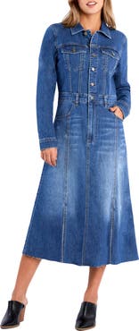 Wash Lab Denim Sway Raw Hem Long Sleeve Denim Midi Shirtdress