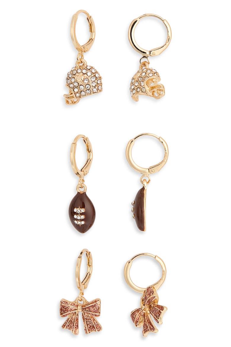 Game Day Set of 3 Crystal & Enamel Drop Huggie Hoop Earrings, Main, color, BROWN MULTI- GOLD
