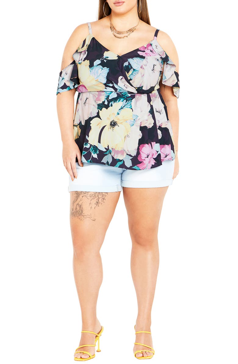 City Chic Kallie Floral Cold Shoulder Top, Alternate, color, Black Melanie Bloom