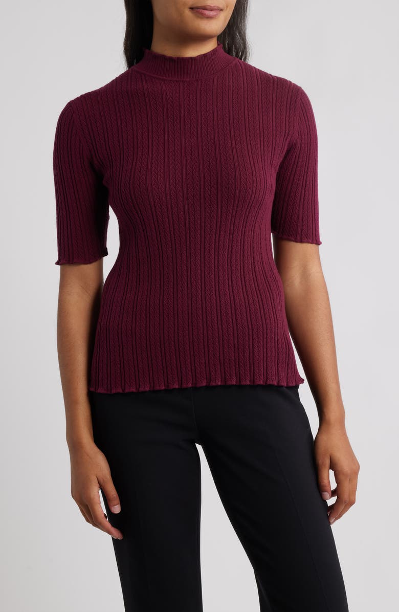 Anne Klein Mock Neck Short Sleeve Cotton Blend Sweater, Main, color, Chianti