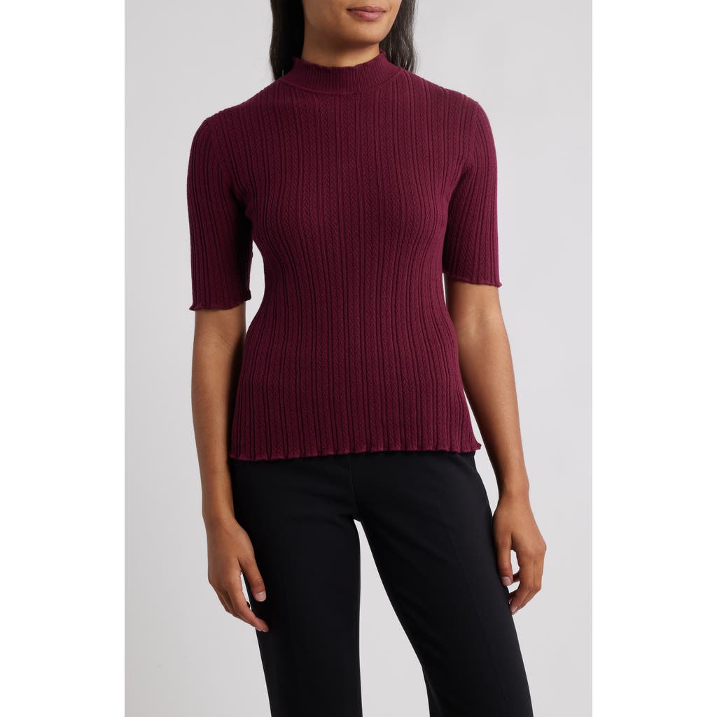 Anne Klein Mock Neck Short Sleeve Cotton Blend Sweater In Burgundy