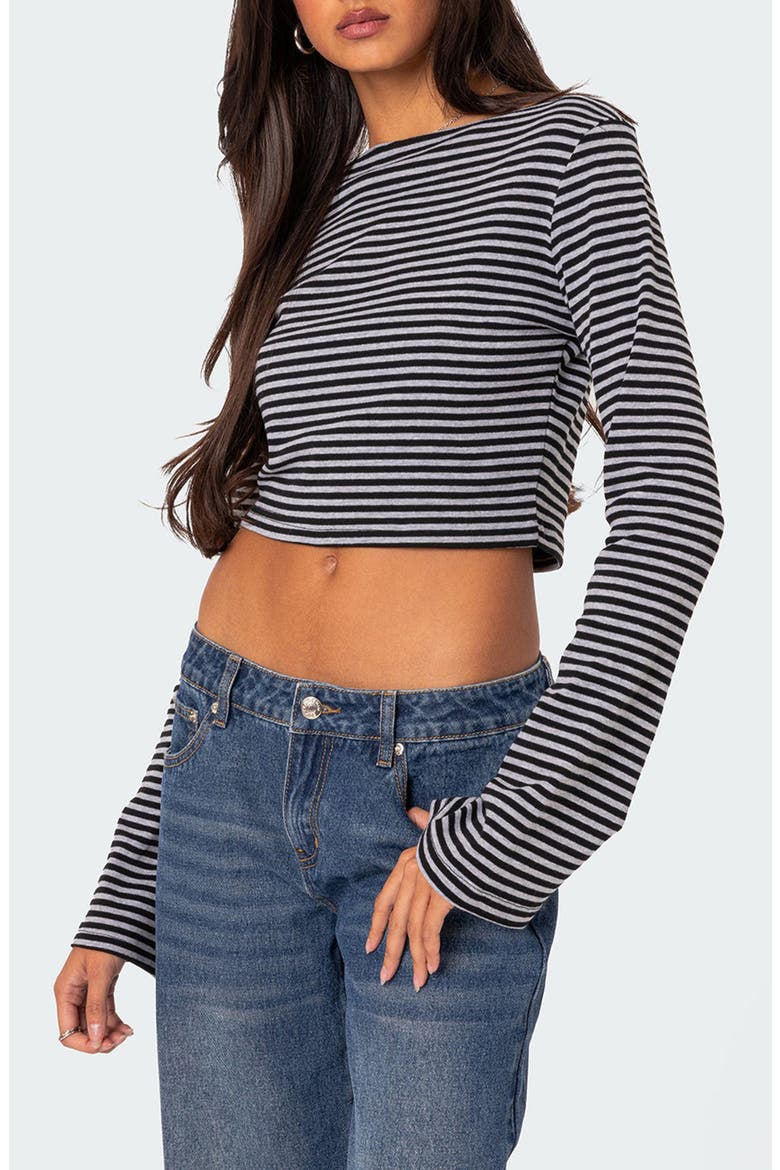 Charlee Stripe Long Sleeve Crop Top, Alternate, color, GRAY