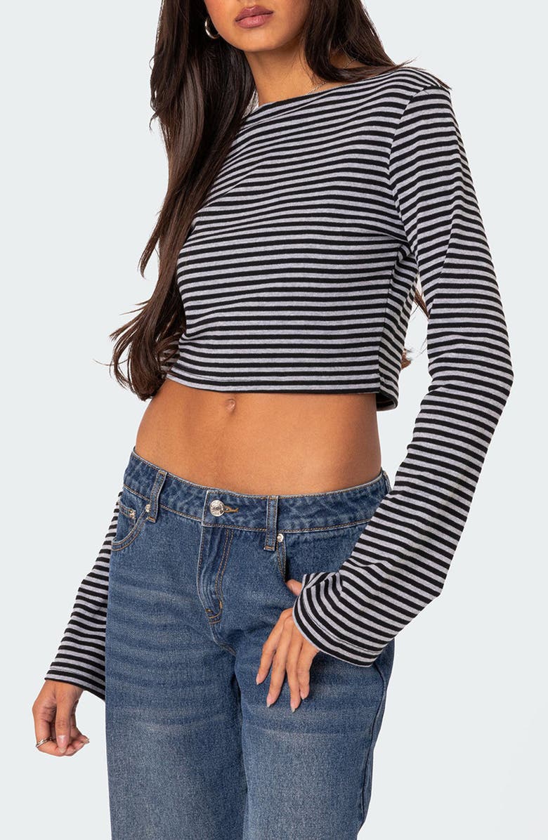EDIKTED Charlee Stripe Long Sleeve Crop Top, Alternate, color, Gray