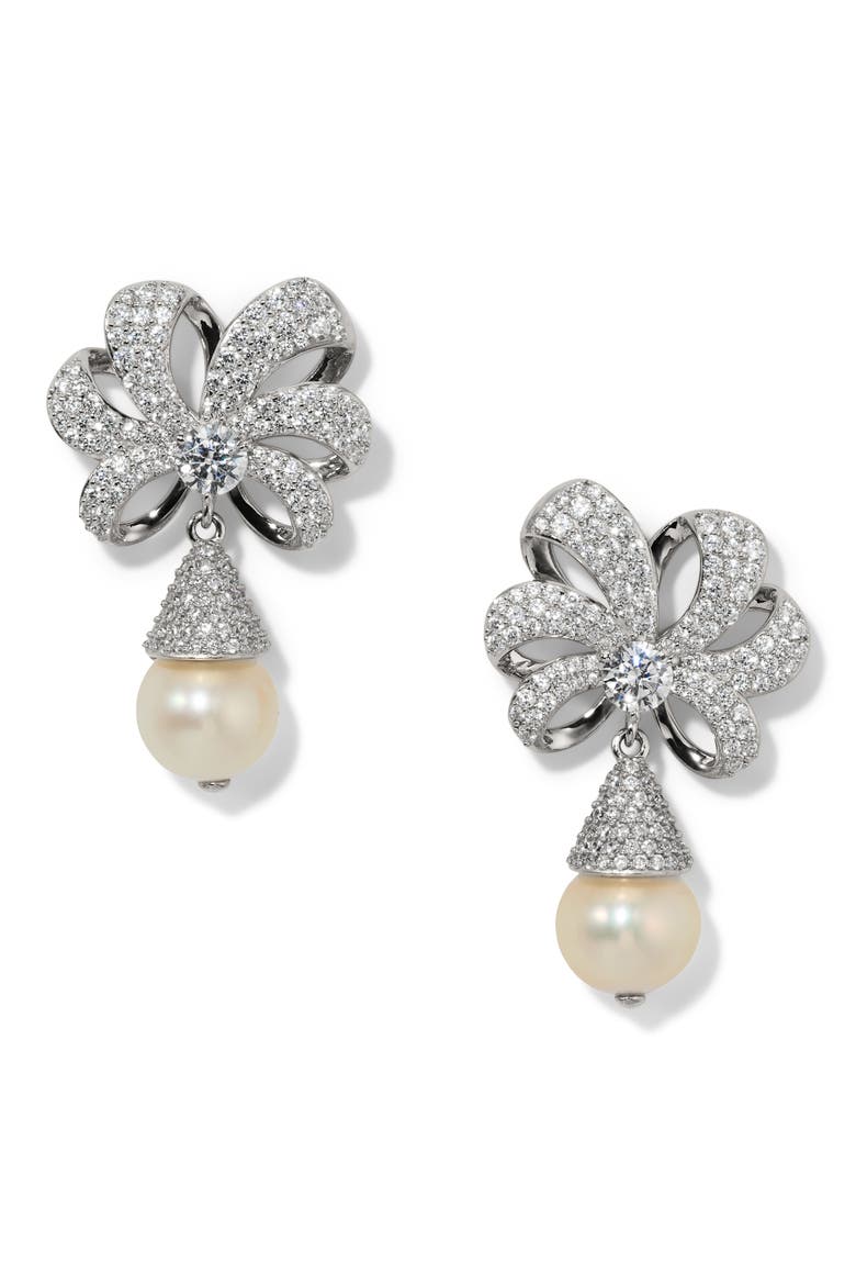 Eros Faux Pearl Drop Earrings, Main, color, RHODIUM