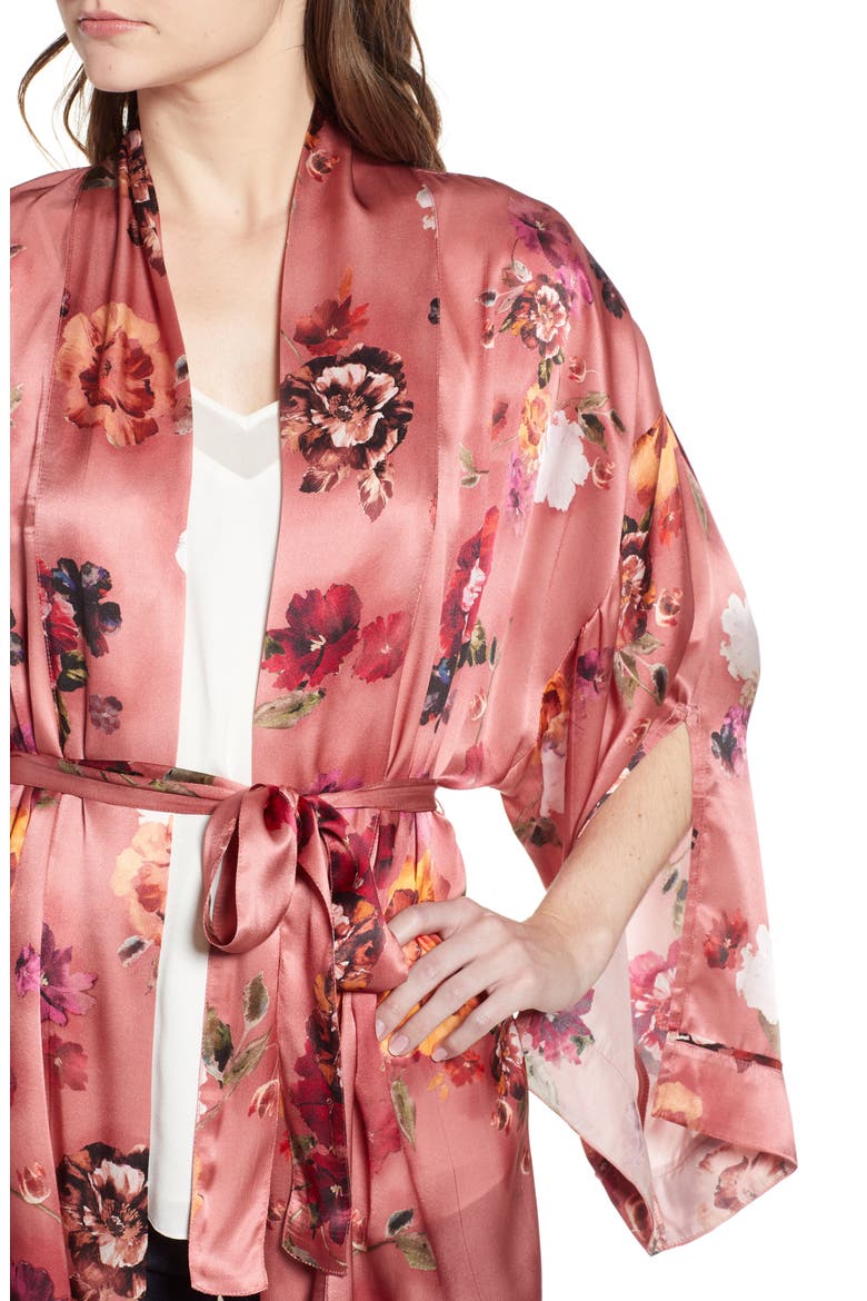 Print Long Silk Kimono, Alternate, color, PINK AUTUMN BOUQUET