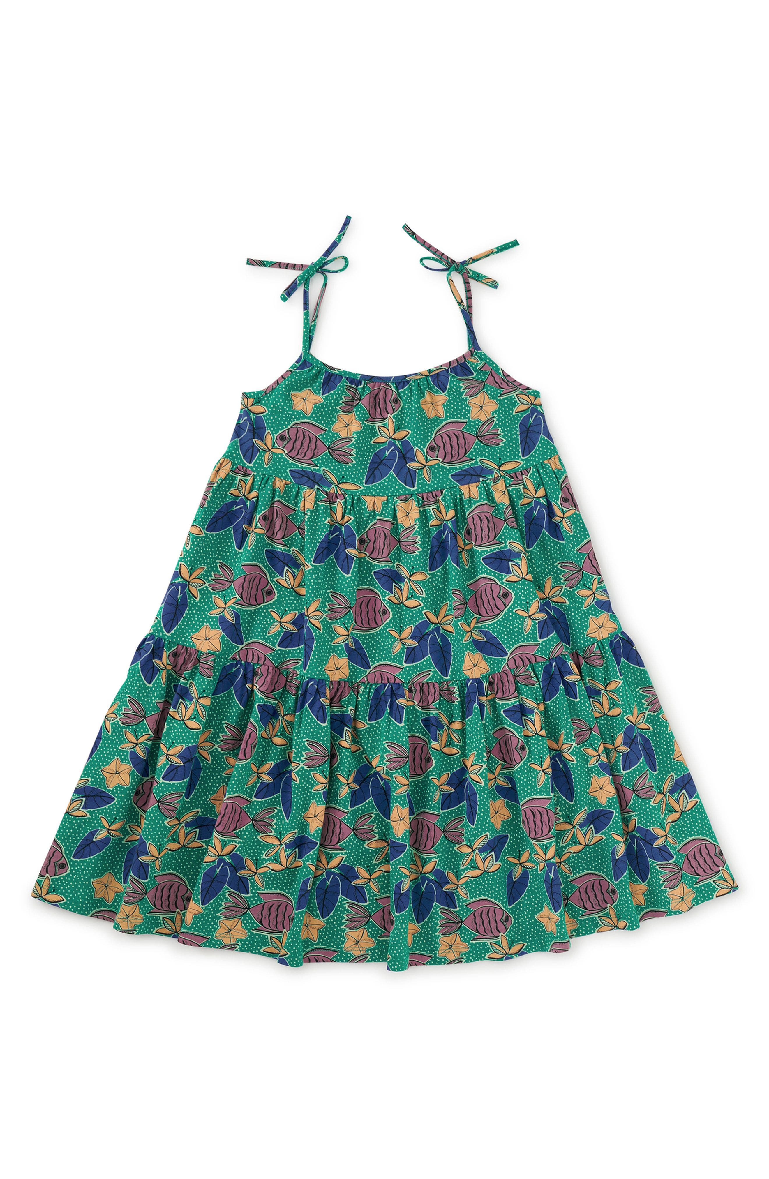 Tea Collection Tie Shoulder Tiered Dress in Brazilian Tropical Fish 