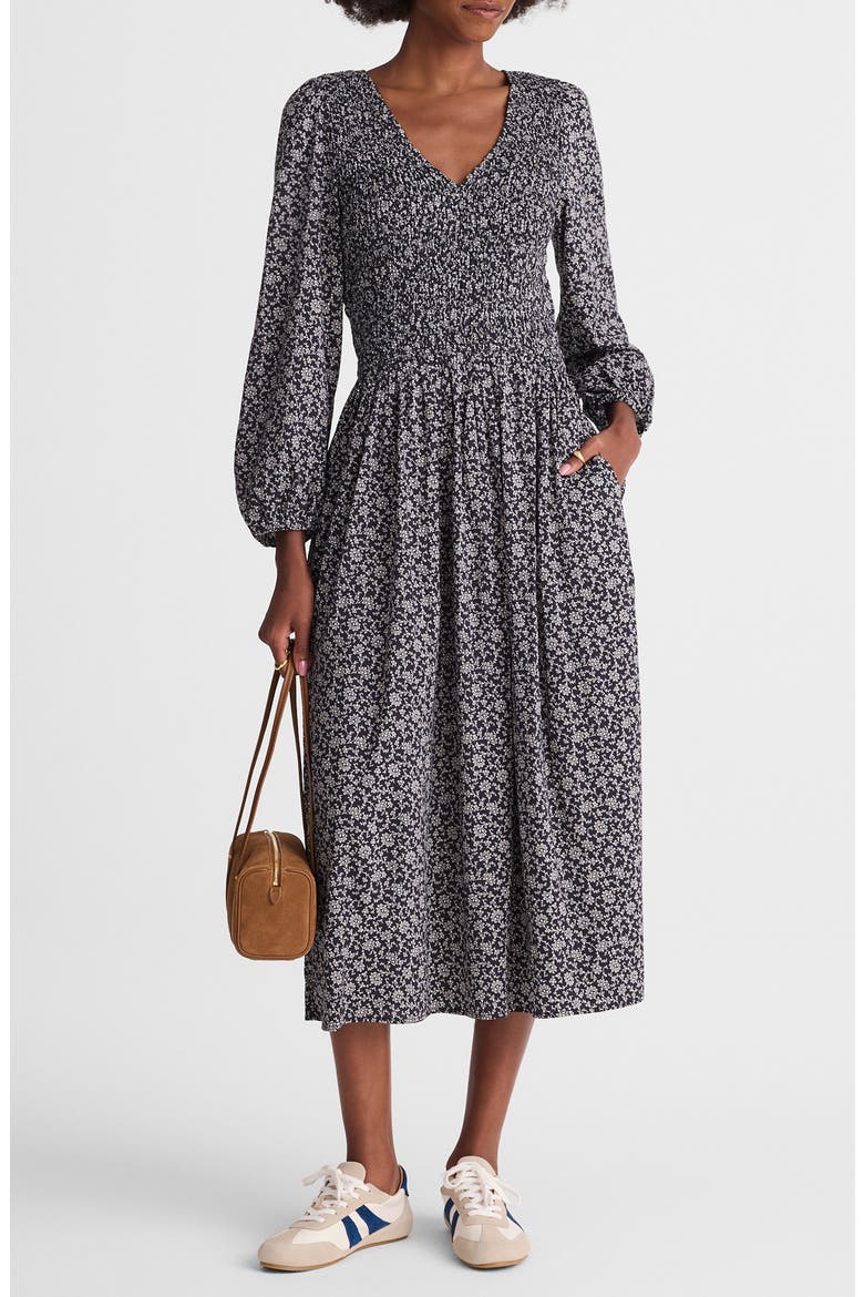 Floral Smock V-Neck Cotton Blend Midi Dress, Main, color, CLASSIC NAVY