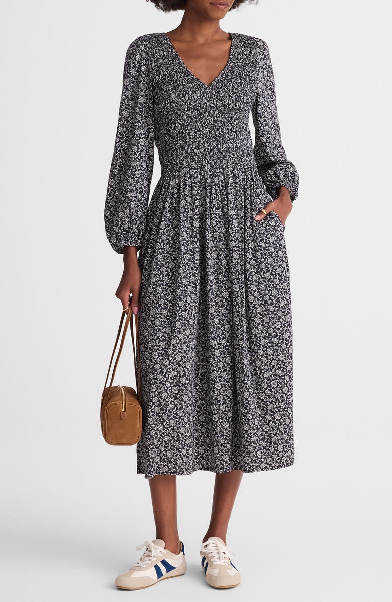 Madewell Floral Smock V-Neck Cotton Blend Midi Dress, Main, color, Classic Navy
