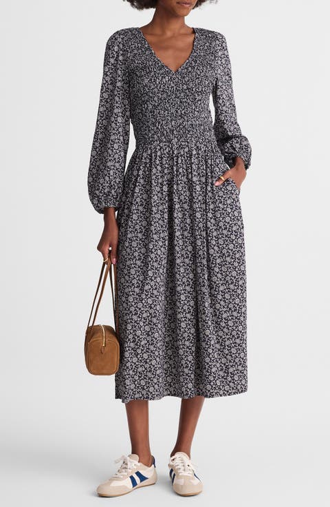 Floral Smock V-Neck Cotton Blend Midi Dress