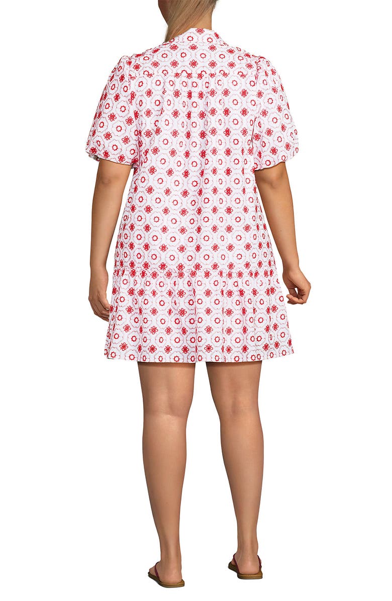 Lands' End Elbow Sleeve Eyelet Knee Length Shirt Dress, Alternate, color, White/Poppy Mosaic Eyelet