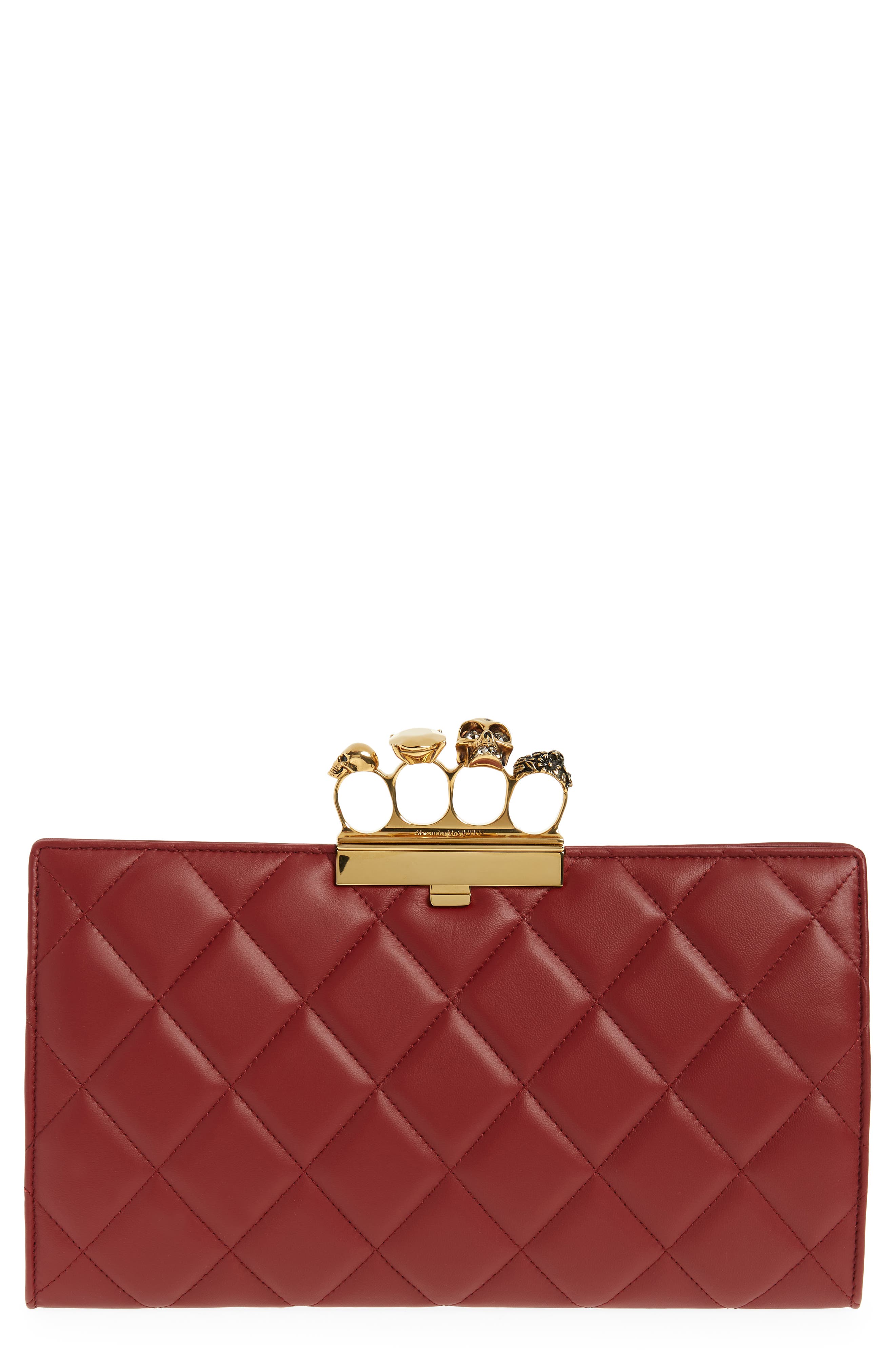 Alexander McQueen Knuckle Ring Quilted Leather Clutch, Main, color, OXBLOOD