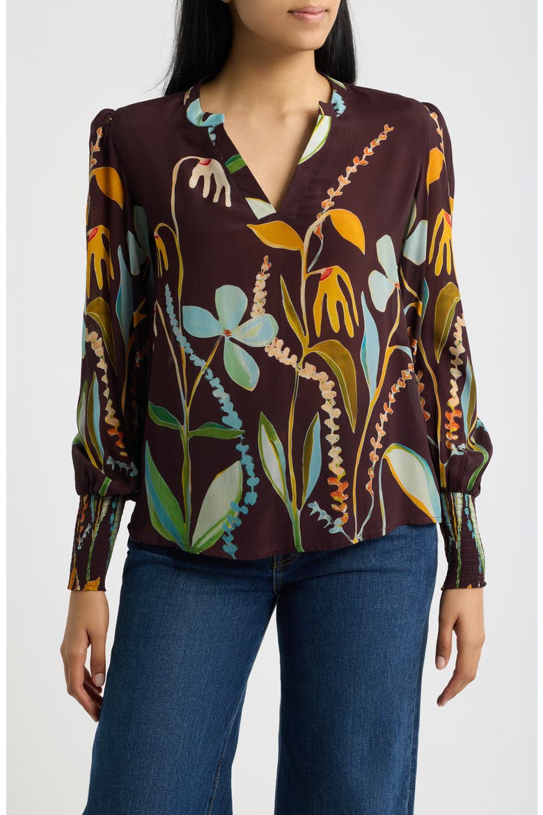 Print Split Neck Top with Smocked Cuffs, Main, color, ESPRESSO MULTI