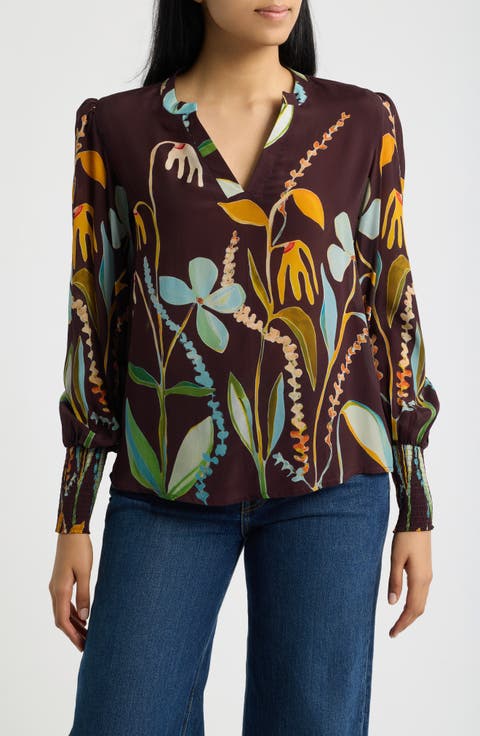 Print Split Neck Top with Smocked Cuffs