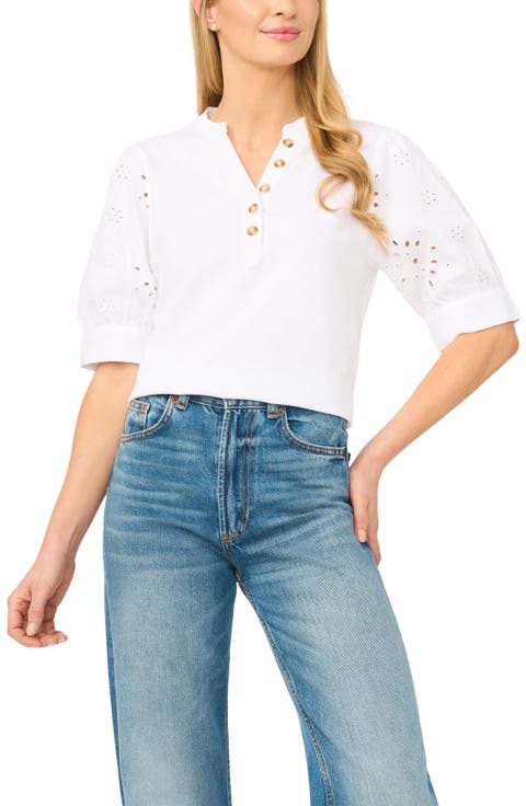 Puff Sleeve Mixed Media Cotton Top