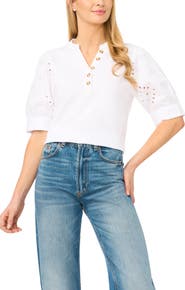 CeCe Puff Sleeve Mixed Media Cotton Top