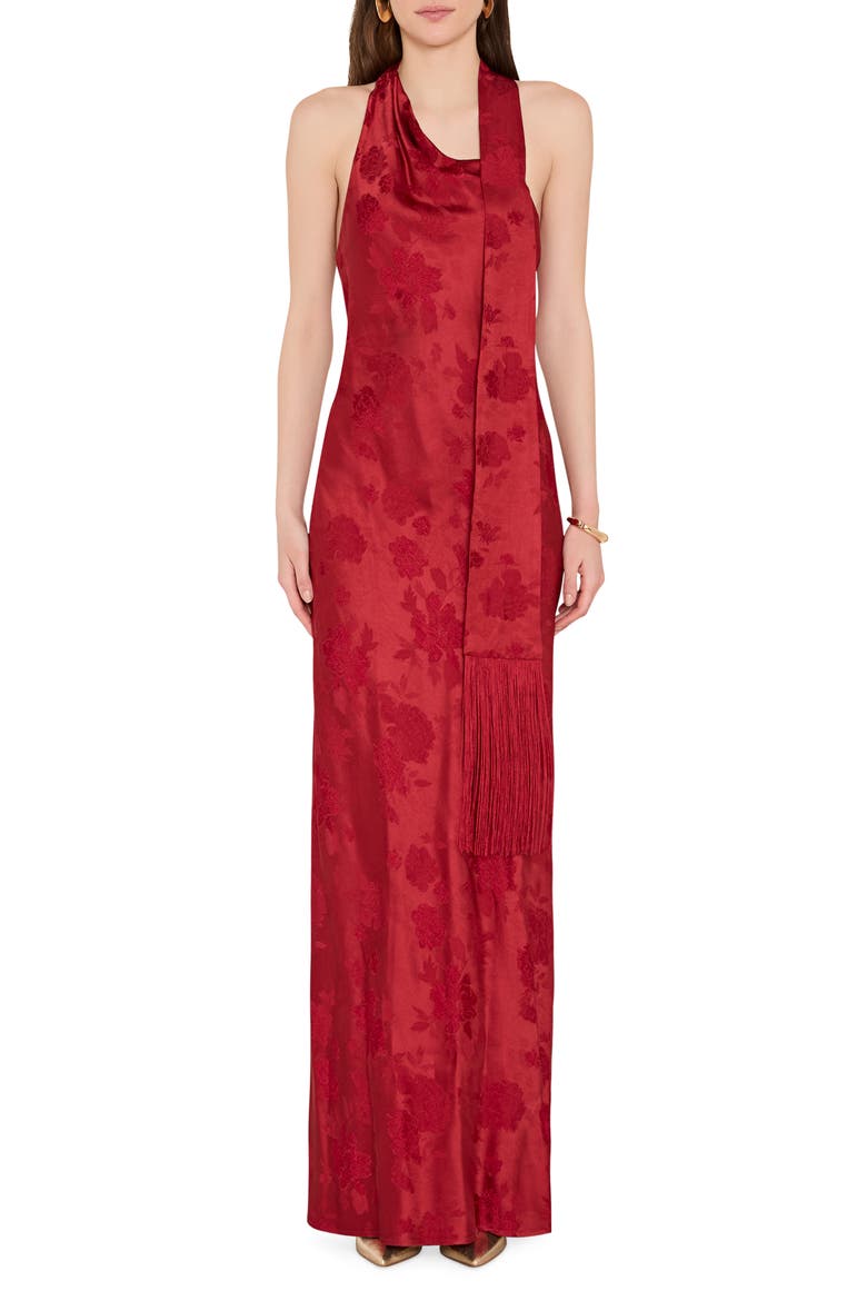 Sonya Scarf Fringe Sleeveless Gown, Main, color, RUST