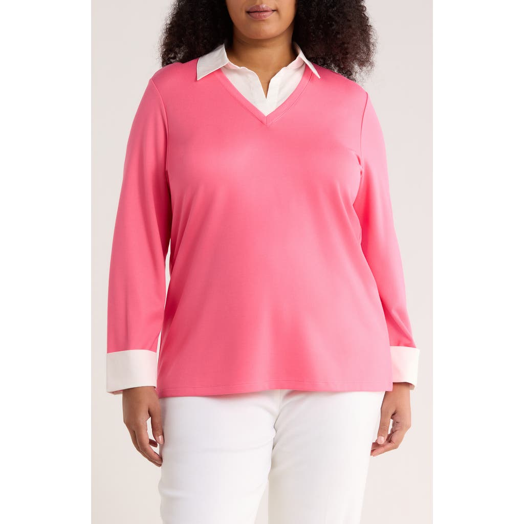 Jones New York Mixed Media Collar Sweater In Pink