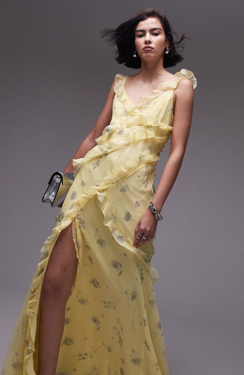 Topshop Floral Ruffle Detail Slipdress, Alternate, color, Yellow