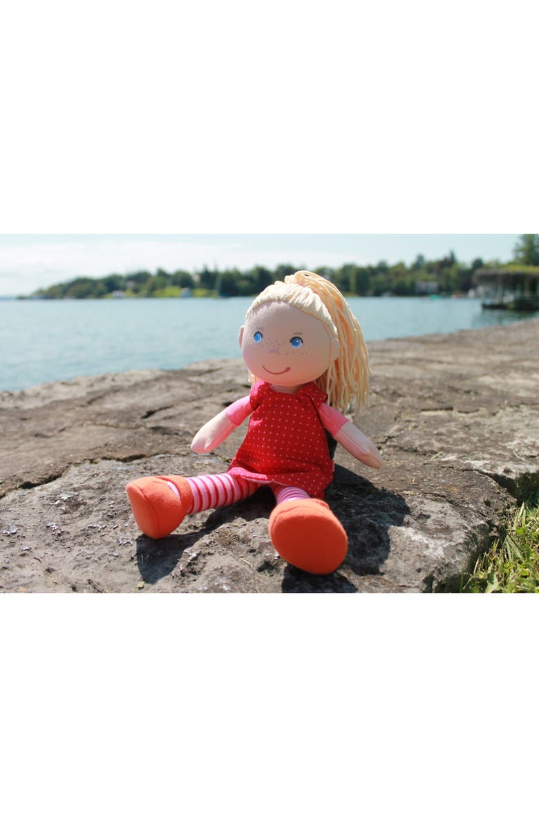 HABA 12" Soft Baby Doll Annelie with Blonde Hair, Embroidered Face, Removable Red Dress and Matching Hairband - Washable Toddler Doll for 18 Months+, Alternate, color, Red Multi