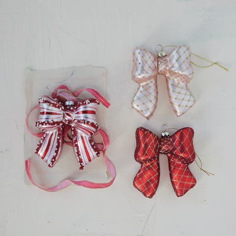Glass Candy Stripe Bow Ornament with Beaded Accents