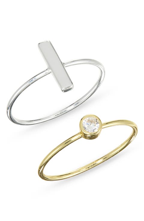 Set of 2 Two-Tone Bar & Cubic Zirconia Stackable Rings
